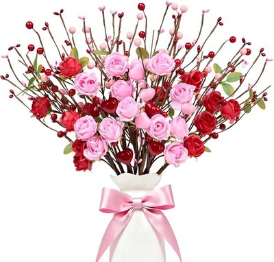 Reusable 12 Count Valentine's Day Flower Arrangement - 17 Inch Picks with Hearts
