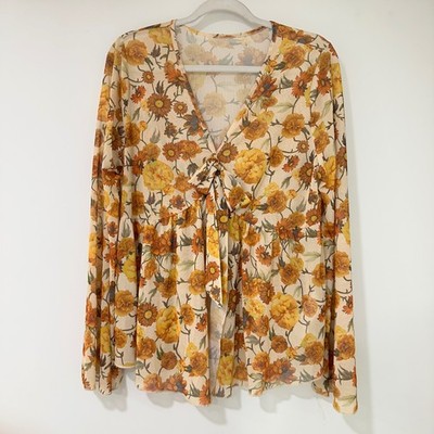 Floral Mesh Tie Front Peplum Top Women 1XL Yellow Orange | Cottagecore