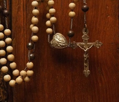 large Antique Nun 15 decade rosary with metal and light stone beads & Crucifix
