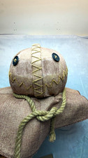 Scarecrow Costume Hat Fabric Floppy Brim Rope Tie Button Eyes Beige Brown