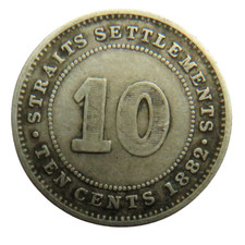 1882-H Queen Victoria Straits Settlements Silver 10 Cents Coin