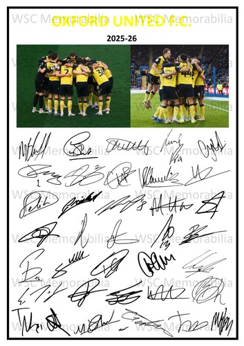 11800. Oxford United Signed Team Sheets (A4 Prints) CHOOSE A SEASON 2023-26