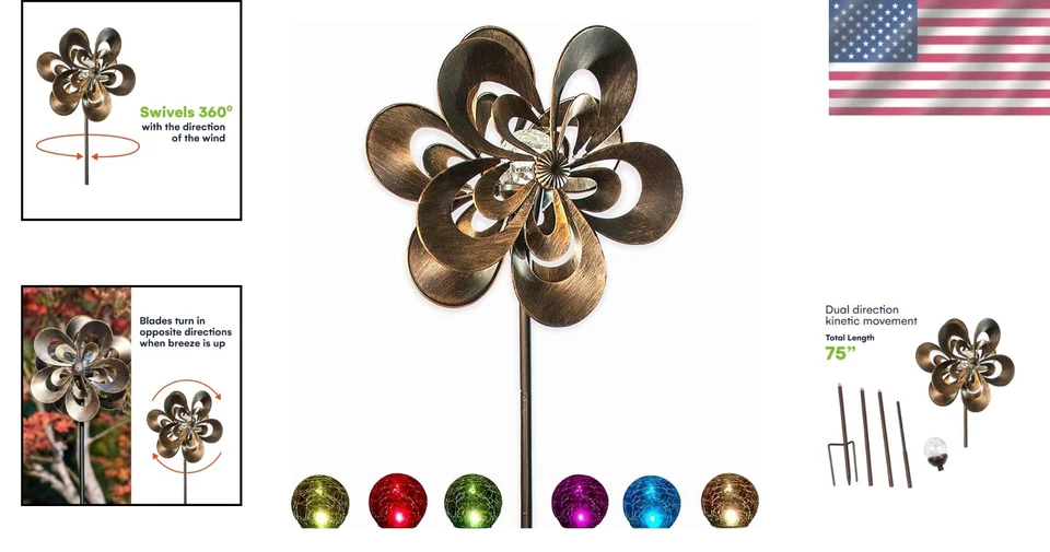 Giratório de vento Kinetic dupla direção com LED solar - Altura ajustável 75 polegadas - Imagem 2 de 4