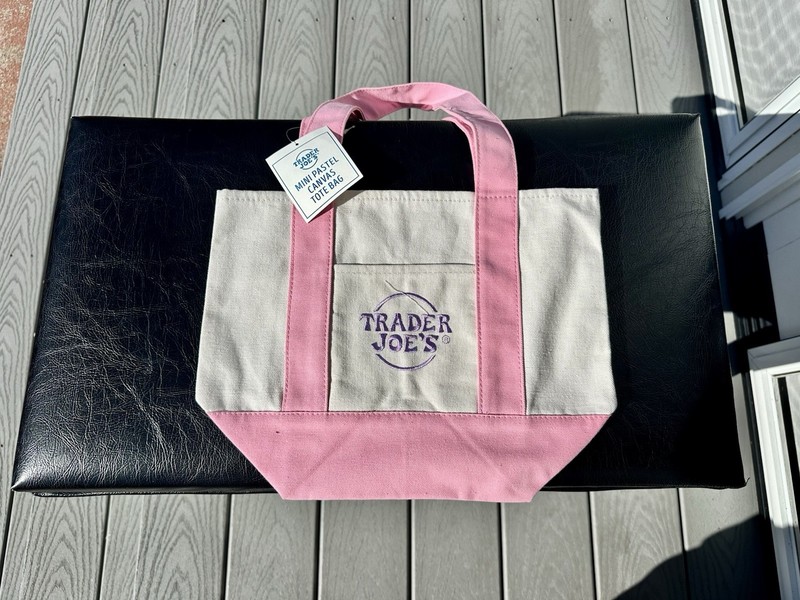 Trader Joe's Mini Pastel Canvas Tote Bag Pink Beige Foldable Reusable Small