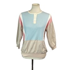 VTG 80s A Paquette Womans Top Size M Pouch Pockets Color Block Henley 3/4 Sleeve