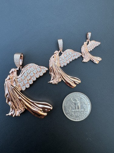 Moissanite Guardian Angel Pendant Real 14k Rose Gold & 925 Silver Iced Necklace - Picture 12 of 23