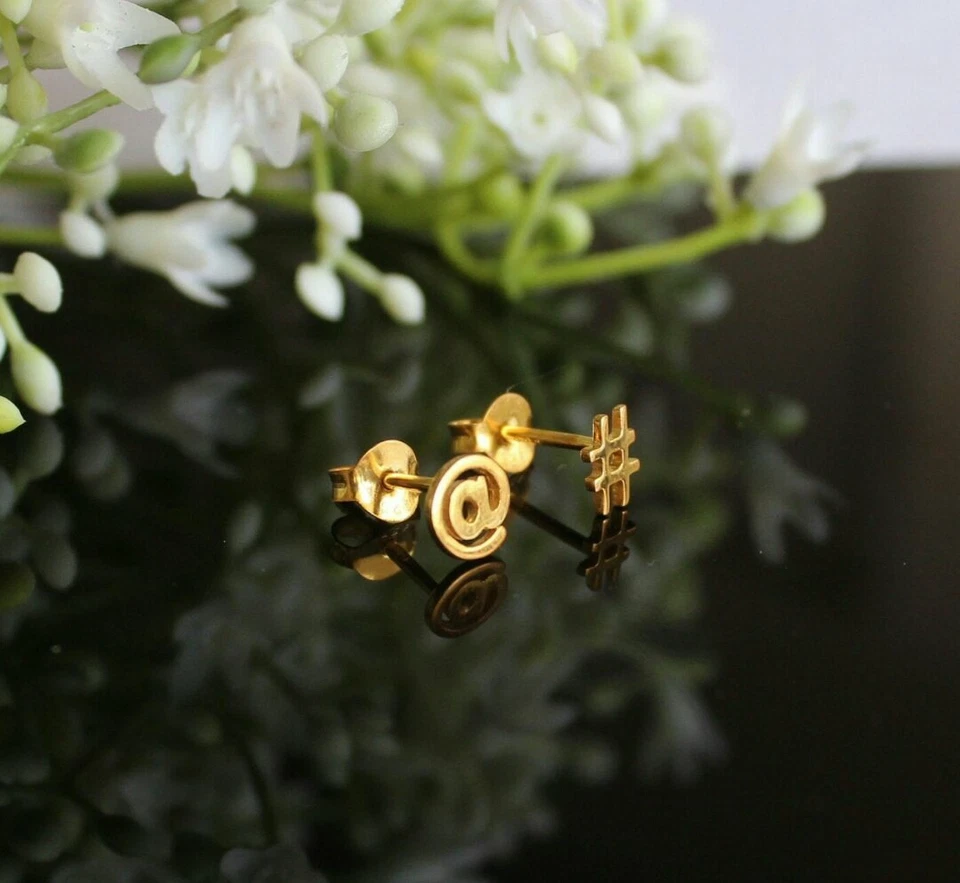 14k Solid Gold Symbol Studs Minimalist Gold Body Piercing Jewelry Nose Ear Stud. - Image 2 of 4