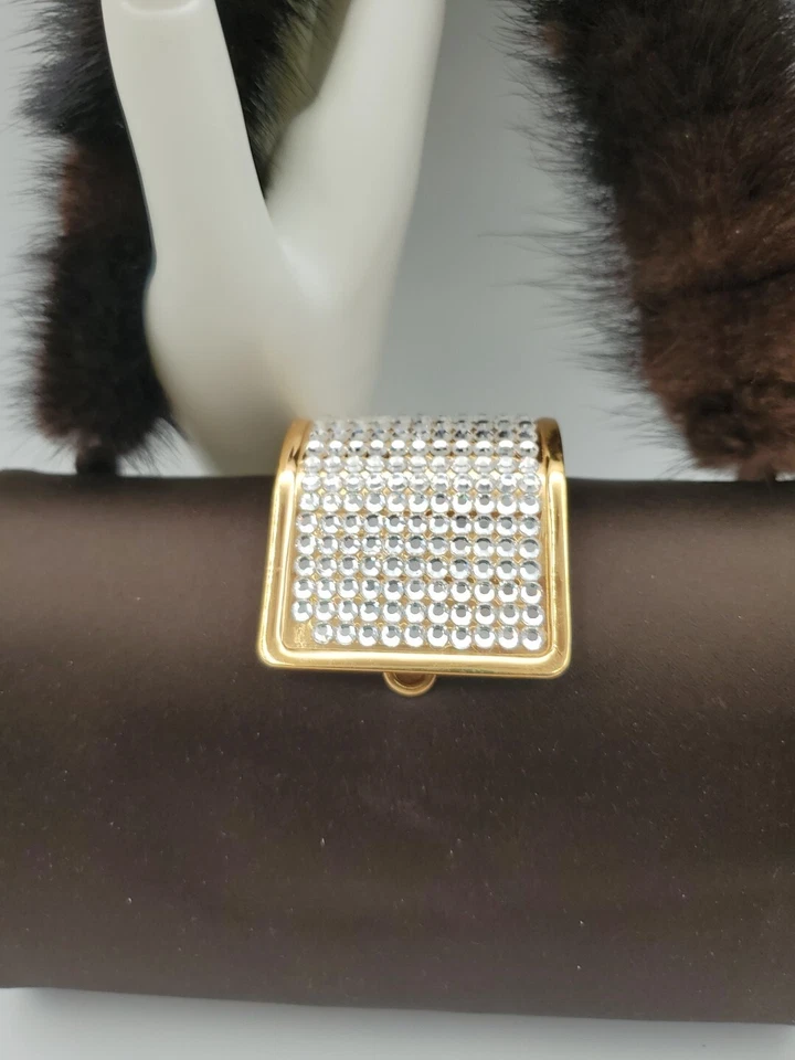 Designer Mitchie's Women's Brown Gold Crystal Clutch Purse Fur Handle - Image 2 of 4