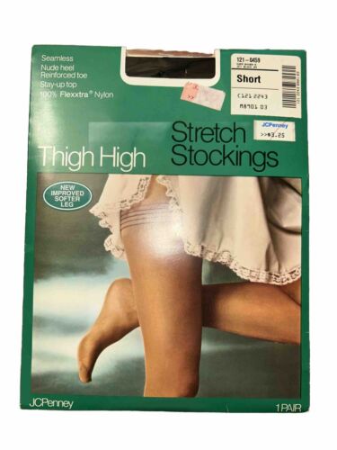1 Pair JCPenney Seamless Thigh High Stretch Nylon Stockings Short Jet Black