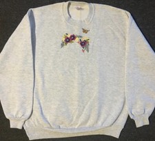 Vtg 90s Flower Faded Sweatshirt L USA Butterfly Art Nature Rose Beach Grunge 80s
