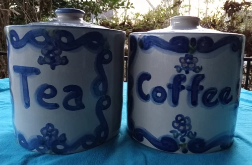 Vintage M.A. HADLEY POTTERY Signed COFFEE & TEA KITCHEN LIDDED CANISTERS 