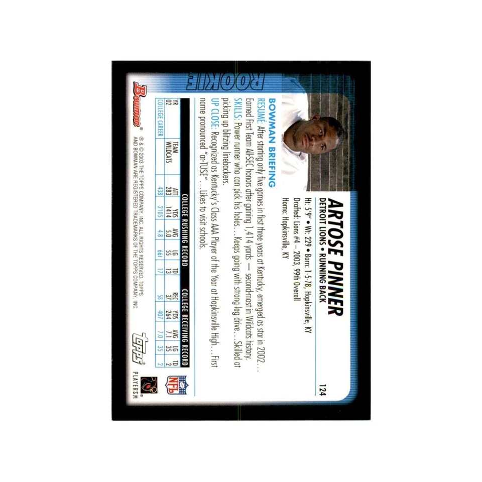 2003 Bowman Artose Pinner RC Football Cards #124 - Image 2 of 3