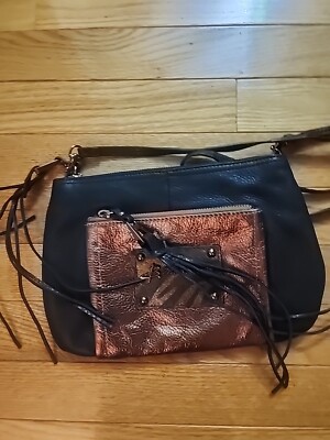 B. Makowsky Black/ Metallic COPPER Fringe Tassel Crossbody Women's Handbag 