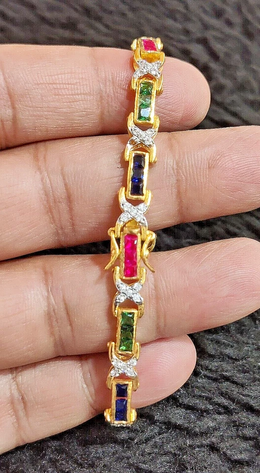 14K Gelbgold Plattiert Simulierte Rubin Saphir, Smaragd & Diamant Tennisarmband - Bild 4 von 4
