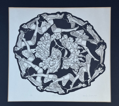 BEVLYN SIMSON SIGNED OP ART BLACK INK SILKSCREEN OPTICAL ILLUSION WOMEN CIRCLE