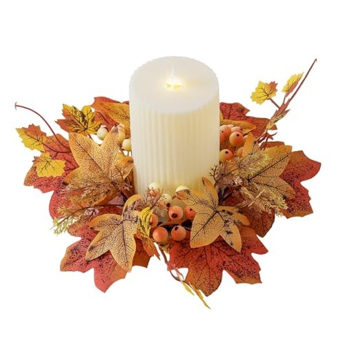Herbst Kerzenring künstliche Ahornblätter Beeren Kerzenhalter kleiner Kranz - Bild 1 von 7