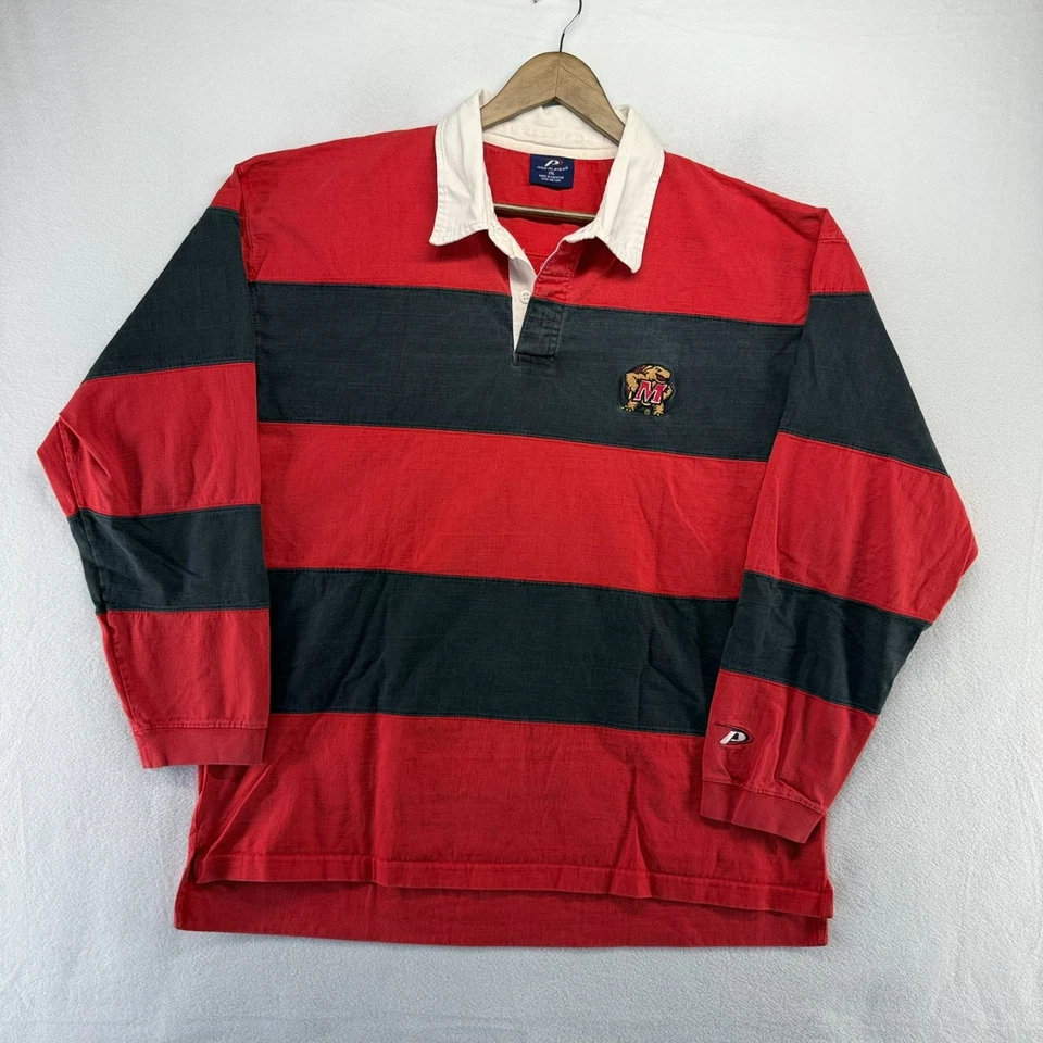 Винтажная мужская рубашка регби Maryland University 2XL черная красная с логотипом террапинов 90-е - Изображение 2 из 4