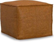 Brody Square Pouf - 18 inch Wide Upholstered Genuine Leather Ottoman in Tan