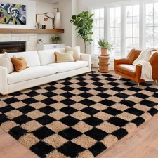 Fluffy Area Rug Checkered Soft Shaggy Carpet Mat for Living Room Bedroom Floor