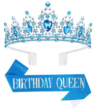 Birthday Tiara Crown with Sash for Women, Headband Hair Accessories for Wedding
