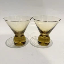 2 Vtg yellow MCM Bubble Ball Bottom Martini Glasses Cosmo Stemless Atomic set