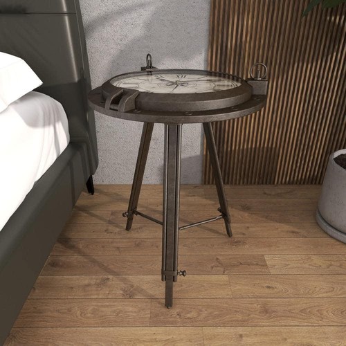 19 in. Black Compass Large Round Glass End Accent Table with Clock and Clear Top - Picture 7 of 12