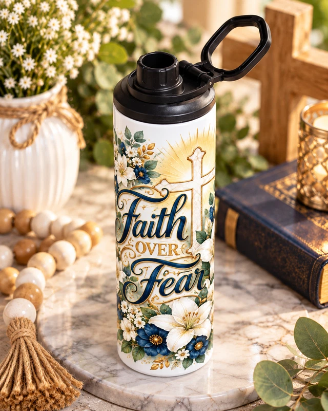 Faith Over Fear 20 oz Insulated Steel Tumbler with Floral Design product photograph