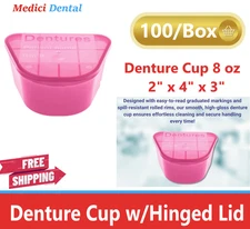 Dental Denture Case Cup Box Retainer Case Hinged Lid, Pink, 2" x 4" x 3, 100/Box