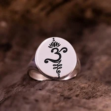 Spiritual Om Lotus Unalome Signet Ring 925 Sterling Silver Engraved Ring