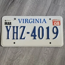 2008 Virginia License Plate # YHZ-4019
