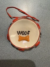 Christmas Ornament Dog Bowl Woof Paw Prints Bones READ