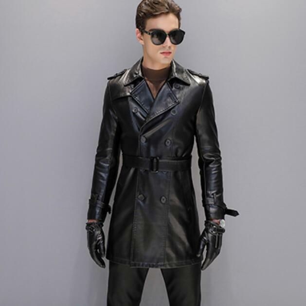 Men's Fall Winter Leather Jacket Mid Long Coat Double
