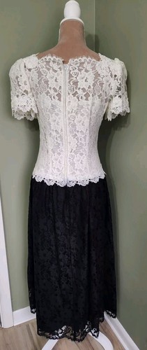 VTG 80’s 90s Cachet Bari Protas Black White Lace Drop Waist Puff Sleeve Dress M - Picture 6 of 16
