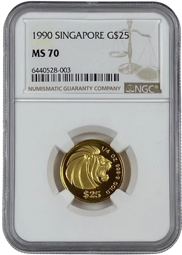 TOP POP 1990 Singapore 1/4 oz Gold $25 Lion Coin NGC MS 70