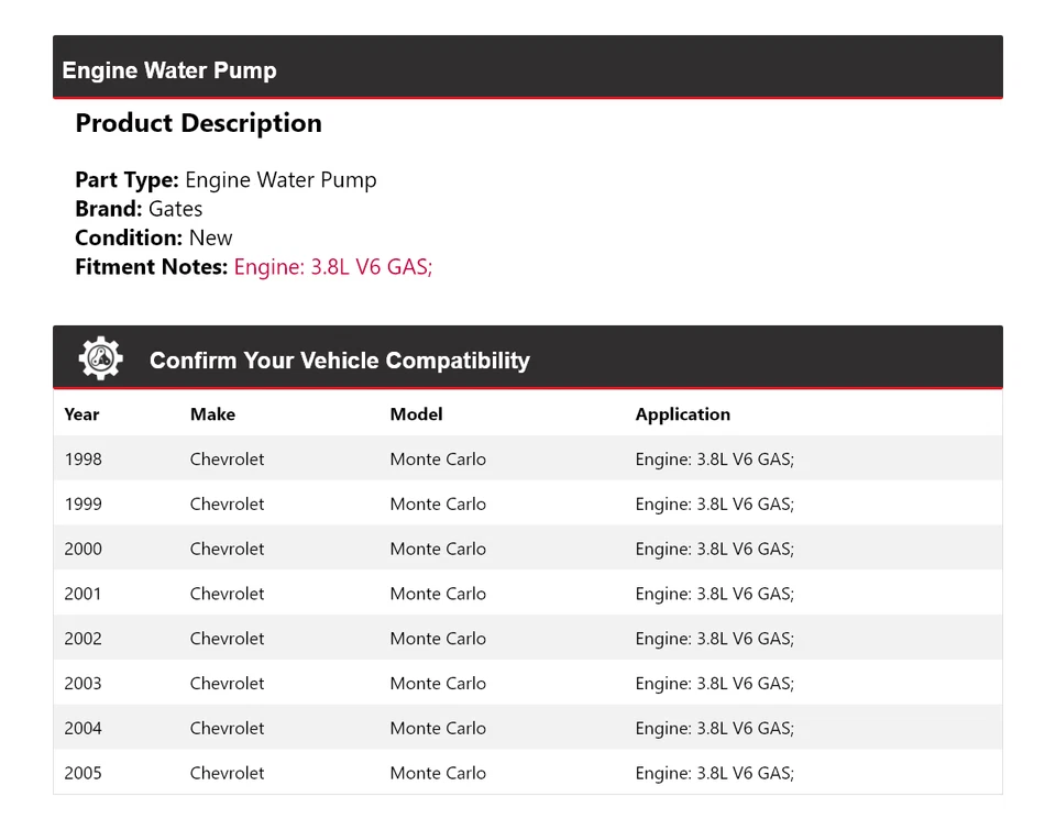 Para Chevrolet Monte Carlo 1998-2005 3,8 L V6 motor de gas bomba de agua puertas 1999 Foto 2 de 4