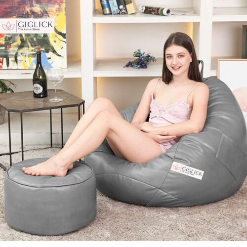 Bean Bag Cover with footrest Cover Faux Leather without Beans XXXL Size Grey