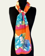 Gorgeous Floral Halston 100% Silk Scraf 13" X 59" Retro Midcentury Theme