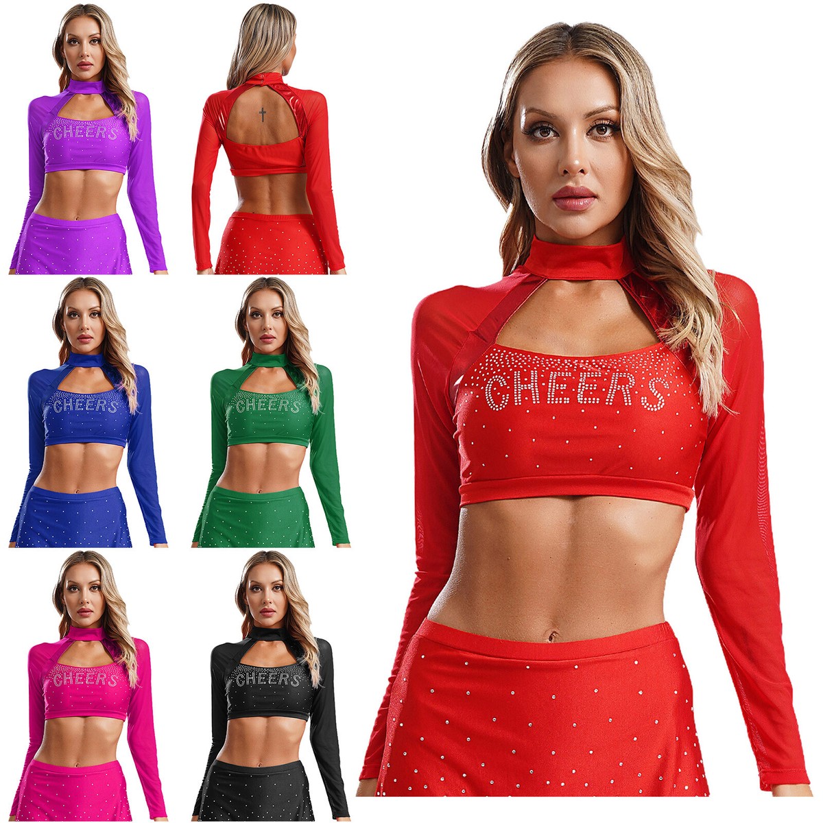 Women Cheer Uniform Tops Sexy Cheerleader Costume Themed Party Crop Top  Shiny