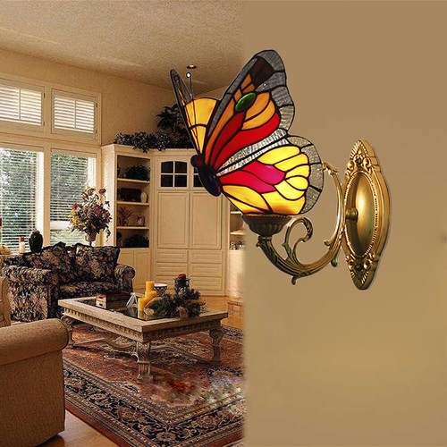 French Style Butterfly Decor Wall Mount Light Tiffany Brass Bedroom Wall Sconce - Picture 9 of 12