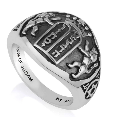 925 Sterling Silver Lion of Judah & Ten Commandments Ring - Made in Israel