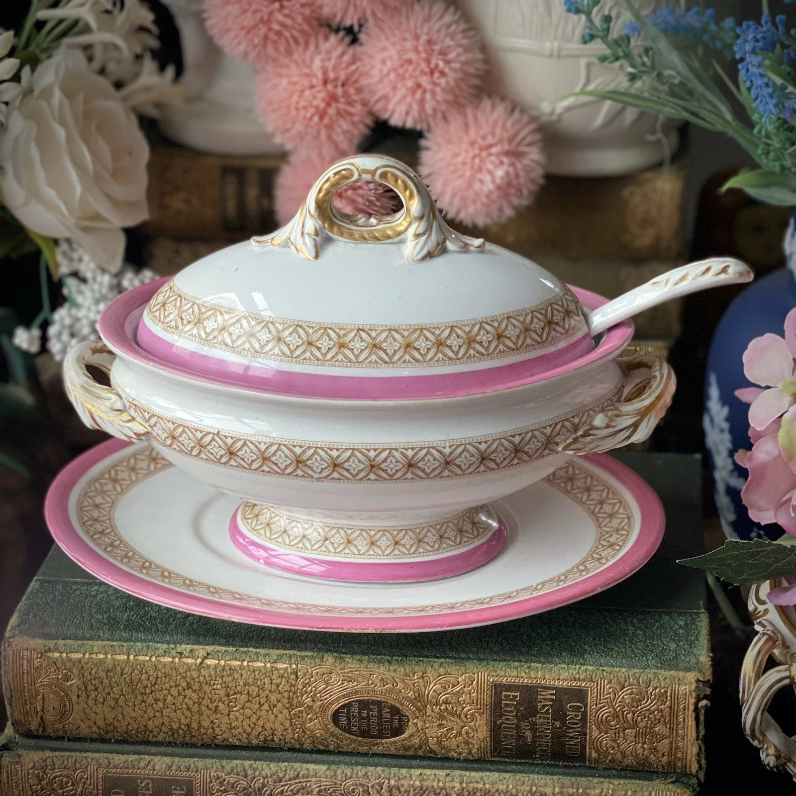 Antique ROYAL Worcester Sauce Tureen Plate Ladle C1878 4pcs Victorian Pink VGC