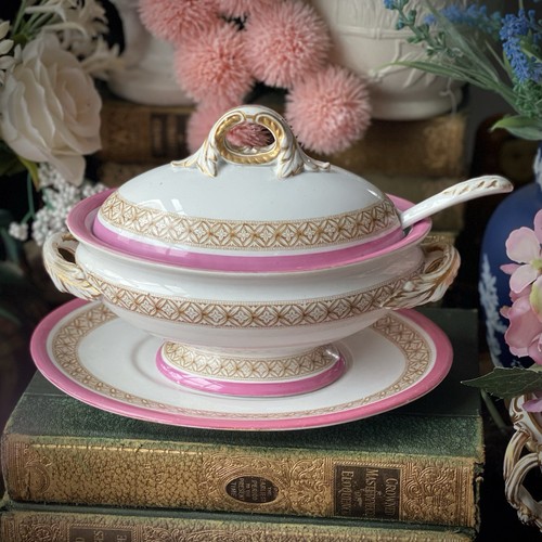 Antike ROYAL Worcester Saucenterrine Teller Schöpfkelle um 1878 4 Teile viktorianisch rosa sehr guter Zustand - Bild 1 von 14