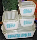 1957 VINTAGE PYREX TURQUOISE AMISH BUTTERPRINT REFRIGERATOR DISH SET WITH LIDS
