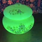 Fenton Art Glass Vaseline Custard Satin Glass Powder Jar Hand Painted Flowers