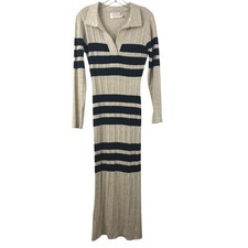 Sancia Ribbed Knit Maxi Dress Beige Black Stripe Collared V-Neck Long Sleeve S