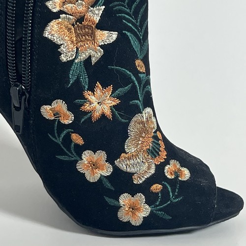 JustFab Bianka Zip Ankle Booties Heel Black Orange Embroidered Floral Womens 6.5 - Picture 7 of 14