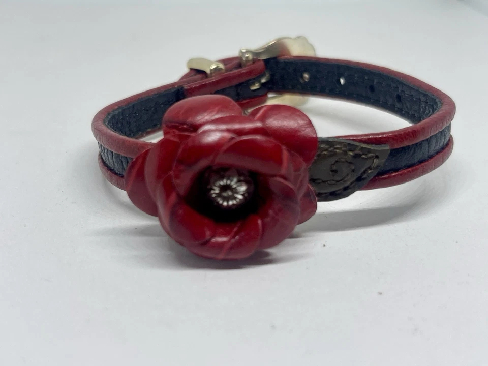 Brighton Red Rose Black Stripe Leather Buckle Bracelet Red Rose Hair Tie Set - Image 3 of 4