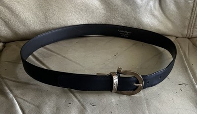 Vintage Salvatore Ferragamo Black Leather Belt, Silver Buckle Size XL Italy 