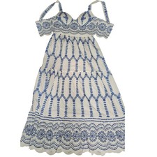COMMENSE White Blue Embroidered Maxi Dress Eyelet Scalloped Hem Tie Straps S