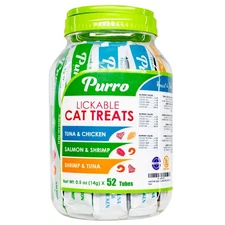 Purro Cat Treats Tuna, Salmon, Chicken Squeezable Puree Treat 0.5 oz, 52 Tubes